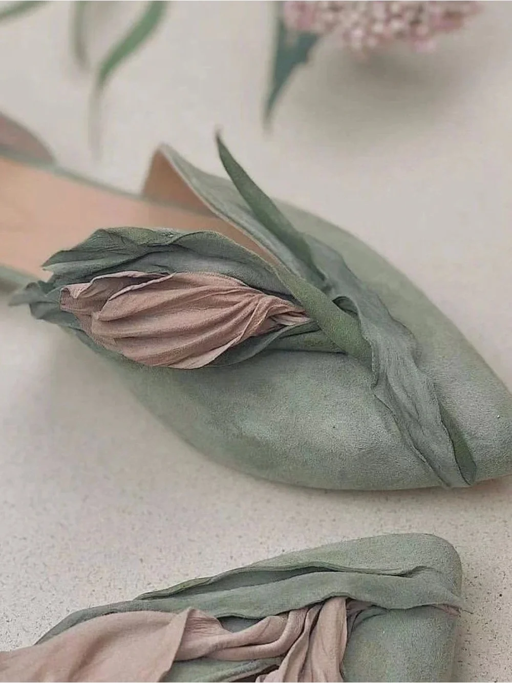 Floral Appliqué Pointed Toe Flats in Pink and Sage